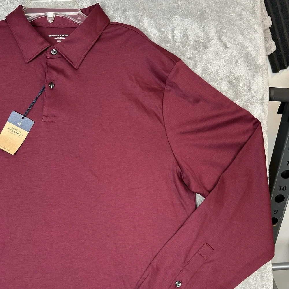 Charles Tyrwhitt Mens Medium Long Sleeves Polo Wine Red Shirt 100% Cotton Shirt - Picture 15 of 16